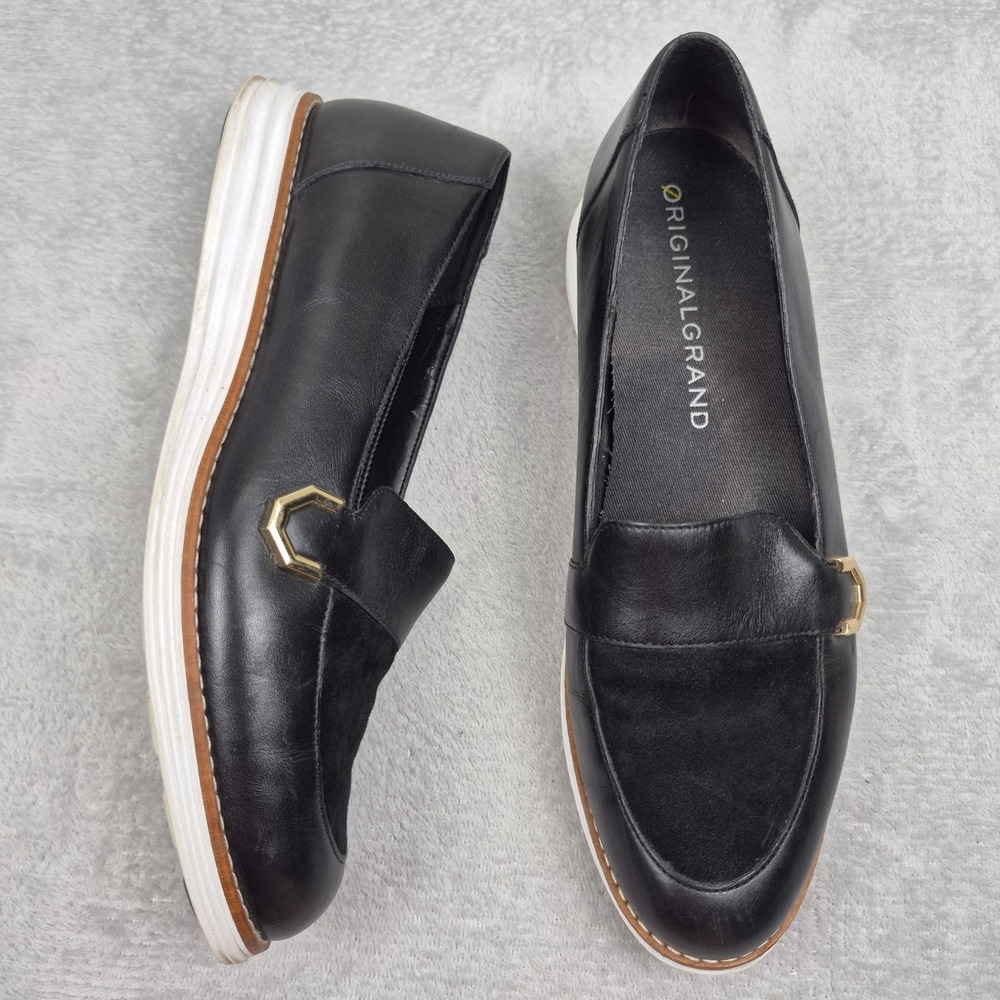 Cole Haan OriginalGrand Black Leather Suede Gold Hardware Loafers W18786 Women 8
